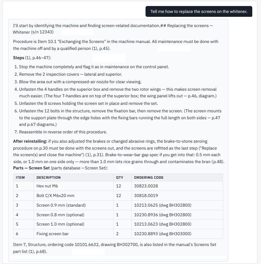 Mill intelligence interface answering a maintenance question about replacing screens on a whitener