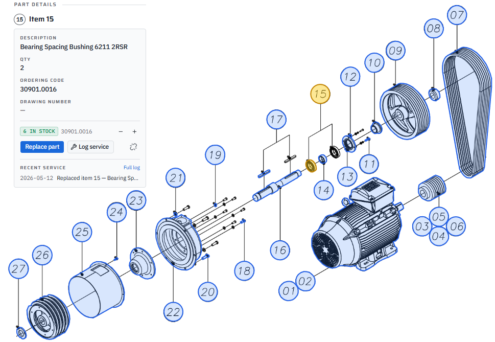 Interactive parts diagram showing an exploded equipment view with callouts and a part details panel for item 15